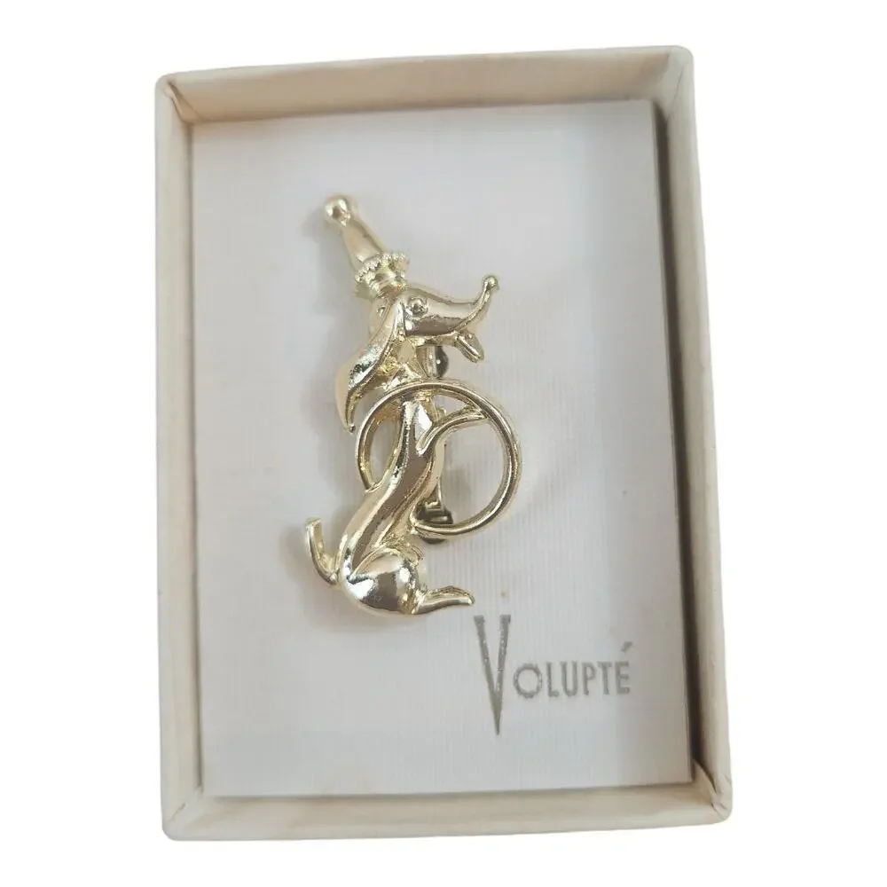 Volupte Circus Dog 1960's vintage gold tone pin 2in.‎ brooch with box